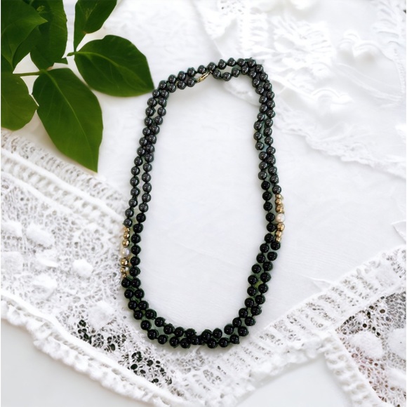 NECKLACE ONYX,14k GOLD, PEARL, HEMATITE LONG 19” long - Picture 1 of 11